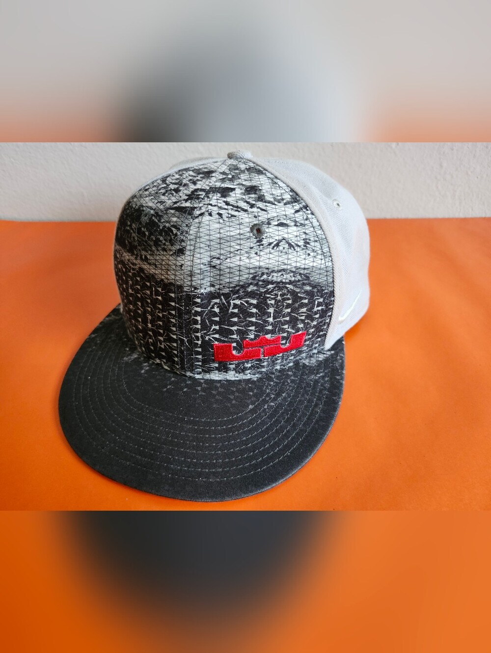 LeBron James Red Logo Gray-Pattern "Rubber City" Snapback Hat One Size